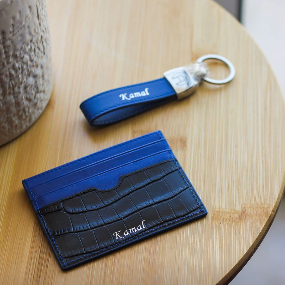 Black Croco and Blue - Set of Two (Cardholder + Keychain)