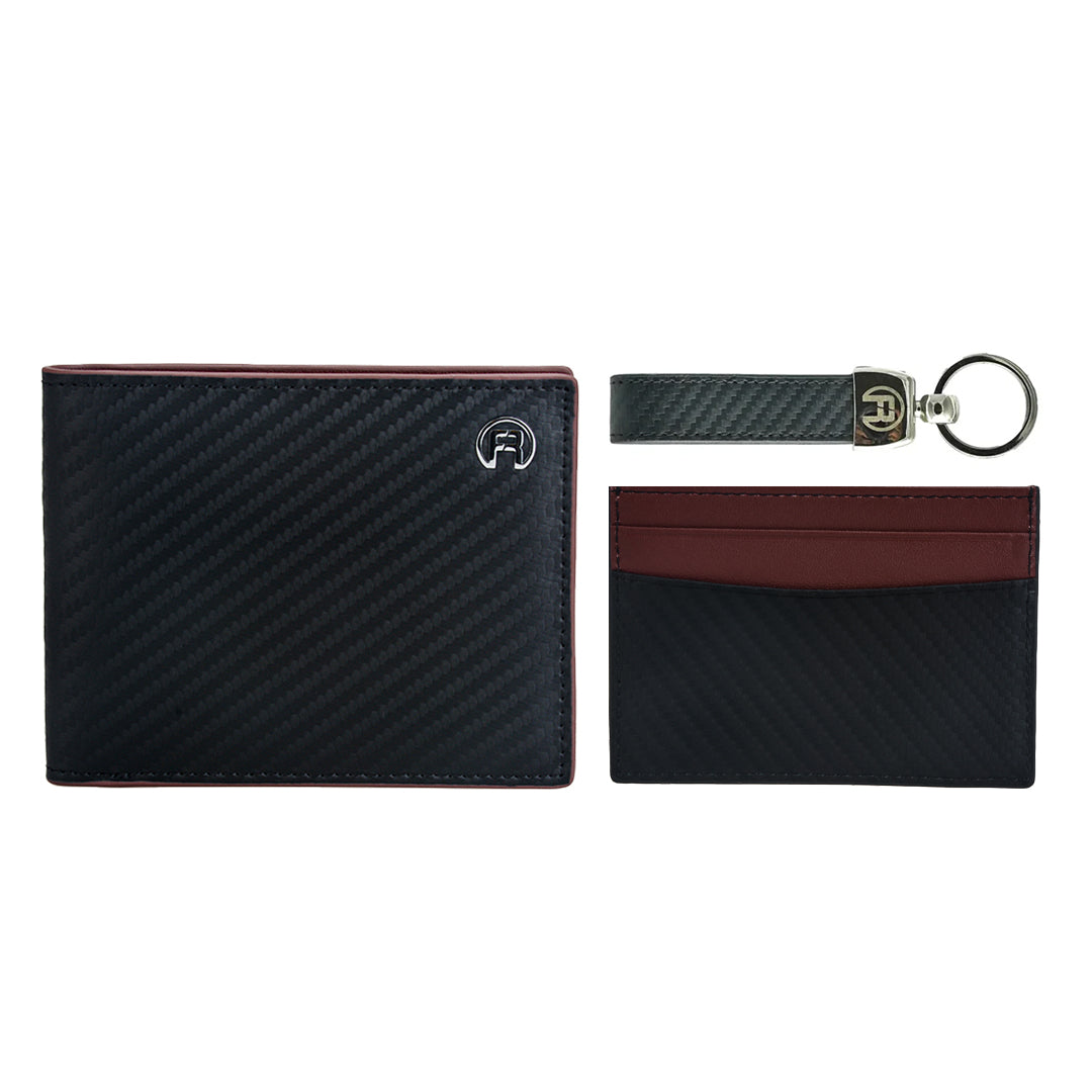 Black & Maroon Carbon Fiber Wallet - Set Of Three