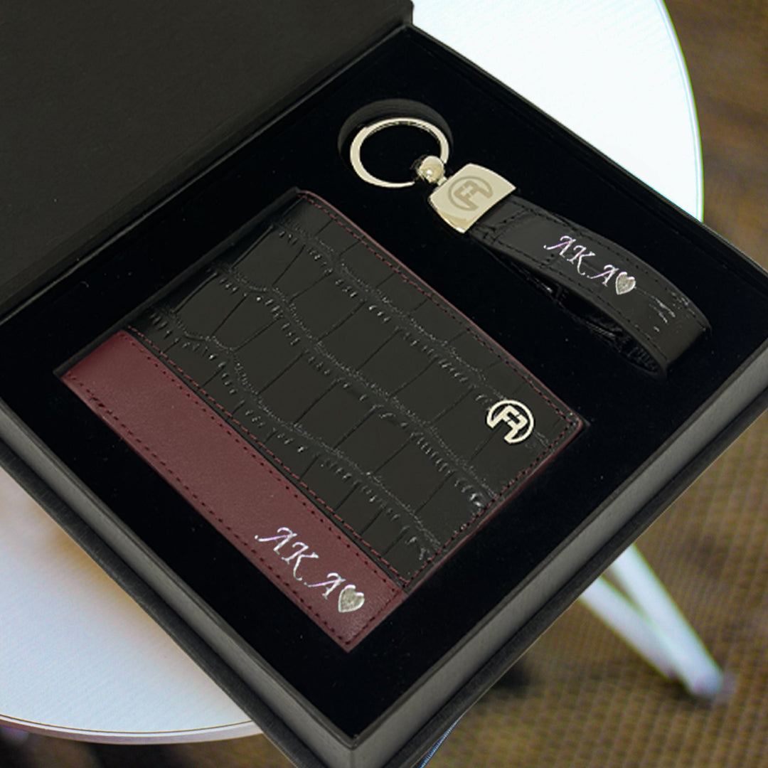 Black Croco & maroon wallet - Set Of Two(keyholder+Wallet)