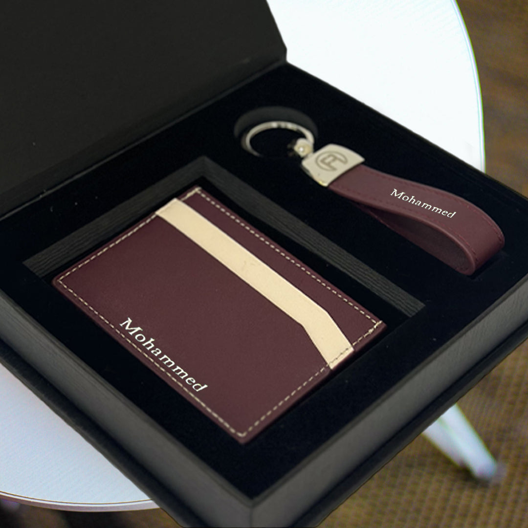 Maroon and Beige - Set of Two (Cardholder + Keychain)